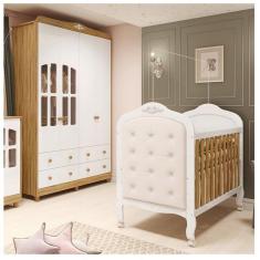Imagem de Quarto de Bebê Guarda-roupa com Janelas e Berço com Capitonê Maya Clássico 100% Mdf Espresso Móveis Branco Brilho/Amêndoa/Branco