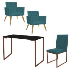 Imagem de Kit Escritório Stan 2 Poltronas Capitonê com Cadeira e Mesa Industrial Preto Bronze Suede Azul Turquesa - Ahz Móveis