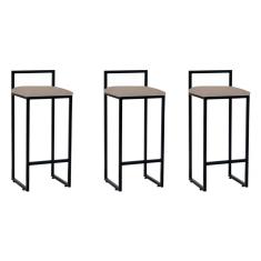 Imagem de Kit 3 Banquetas Altas Industriais em Aço Dori Preto Assento Suede Bege