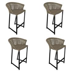 Imagem de Kit 4 Banquetas Reis em Corda Náutica e Base em Alumínio Preta para Área Gourmet - Externa Rami