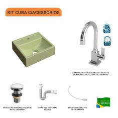 Imagem de Kit Cuba Q32 Com Torneira Luxo 1195 Metal E Válvula Click 1 Pol. E Sifão Pvc E Flexivel Verde Acqua