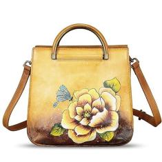 Imagem de Bolsa feminina de couro genuíno pintada à mão, bolsa de mão com alça superior, bolsa tiracolo, Padrão 1