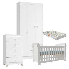 Imagem de Quarto de Bebê 4 Portas com Gaveteiro Ternura Baby e Berço Lara Branco Brilho com Colchão Gazin - Incorplac