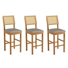 Imagem de Conjunto 3 Banquetas Jade 03 Madeira Maciça Jcm Encosto Rattan E Veludo Cinza