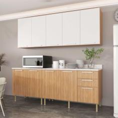 Imagem de Cozinha Compacta Girassol 9 Portas e 3 Gavetas com Divisor de Talheres Freijó/Branco/Mármore Branco - Tecnomobili