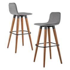 Imagem de KIT 2 BANQUETAS ALTAS LUXO LINEA AÇO PRETO LINHO CINZA BASE CARVALHO