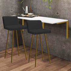 Imagem de Kit Mesa Suspensa de Parede Fixa MDF Branco + 2 Banquetas Lexi Ferro Dourado Sintético Preto - Ahazzo Móveis