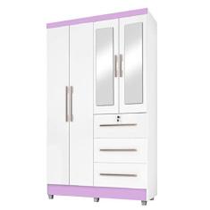 Imagem de Guarda Roupas Solteiro Com Espelho 4 Portas 3 Gavetas com pés Tokio Branco/Branco Lilás Flex