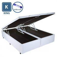 Imagem de Cama Box King Size Com Baú Pistão A gás Para Colchão Sintético Branco Bipartido - 193x203