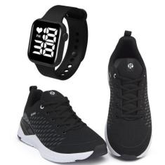 Imagem de Kit Tênis Esportivo It Shoes Masculino + Relógio Digital, Preto, Branc