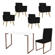 Imagem de Kit Escritório Stan 4 Poltronas Rodapé com Cadeira e Mesa Industrial Branco Bronze Suede Preto - Ahz Móveis