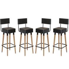 Imagem de Kit 4 Banquetas Banco Alto Barcelona Couro Preto Bar Cozinha Pés Madei