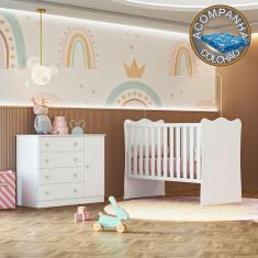 Imagem de Quarto de Bebê Doce Sonho com Cômoda 2561 e Berço Simples 1 Qmovi Branco + Colchão Ortobom