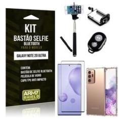 Imagem de Kit Bastão Selfie Bluetooth Note 20 Ultra +Capinha Anti Impacto +Película Vidro 3D - Armyshield