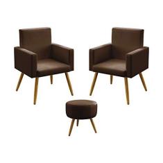 Imagem de Kit 2 Poltronas Nina Com Puff Solar Para Sala de Estar Couro Artificial Marrom Aradecor