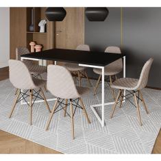 Imagem de Mesa Industrial Retangular Preta Base V Aço Branco 137x90cm C/ 6 Cadeiras Madeira Estofadas Nude Cla