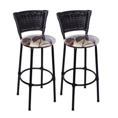 Imagem de Kit 2 Banquetas Altas Preta com Encosto Junco Preto Assento Floral Marrom
