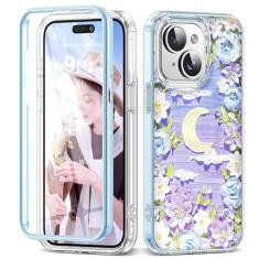 Imagem de RIASOLIN Capa para iPhone 15, estampa floral colorida retrô com protetor de tela integrado, proteção de corpo inteiro, capa de telefone de policarbonato rígido e flor de TPU macio para mulheres e