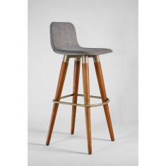 Imagem de Conjunto Banqueta Alta Tecido Linho Cinza Detalhe em Aço Cor Champanhe para Balcão - 3 Unidades