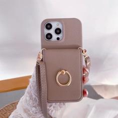 Imagem de Capa de telefone com suporte de anel para iPhone 15 14 Plus 13 12 11 Pro Max Bolsa de bolso Suporte para cartão de crédito Crossbody Lanyard Capa de couro, camelo, para iPhone 15