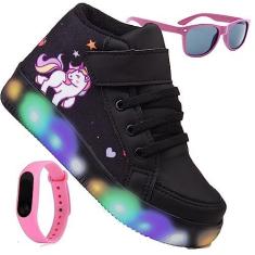 Imagem de Tenis Botinha Feminino De Led Infantil Unicornio Personagem DIversão Luzinha + Oculos + Relogio Cor:Preto; Ta
