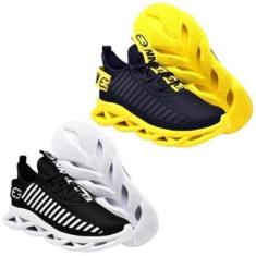 Imagem de Kit 2 Tênis Esportivo Sola Trançada Masculino Treinos Leve e Confortável Ptobco e Amarelo-Masculino
