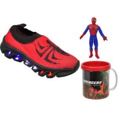 Imagem de Kit Tênis Infantil Slip On Menino Com Led Homem Aranha + Boneco + Cane