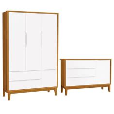 Imagem de Jogo de Quarto Infantil Guarda Roupa 3 Portas e Cômoda 1 Porta Classic com Pés Amadeirado - Reller Móveis Branco/Savana