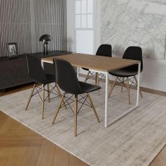 Imagem de Mesa Industrial Base Ferro Branco Tampo 137X90 Amêndoa 4 Cadeiras Madeira Assento Preto Marrom