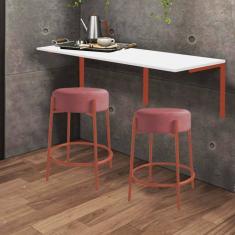 Imagem de Kit Mesa Suspensa de Parede Fixa MDF Branco + 2 Banquetas Sintra Ferro Rose Gold Suede Rose - Ahazzo Móveis