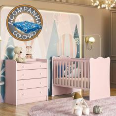 Imagem de Quarto de Bebê Doce Sonho com Cômoda 2523 e Berço Simples 1 Qmovi Rosa Acetinado + Colchão Ortobom