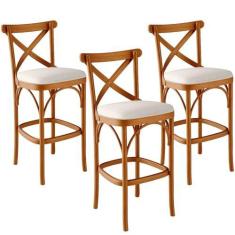 Imagem de Kit 03 Banquetas Altas Cozinha Bancada Bar Sala de Jantar Estofada Ávila L02 Linho Cru - Lyam