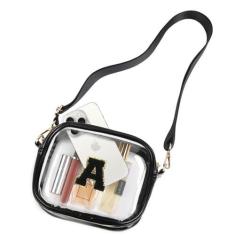 Imagem de TEBIEKOY Bolsa pequena transparente aprovada para estádio bolsa transversal transparente com patch de letra inicial para shows de jogos esportivos de meninas adolescentes, Preto