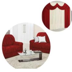 Imagem de Kit Capa De Sofá Elasticada 2 E 3 Lugares + Cortina 2,00 Metros Vermel