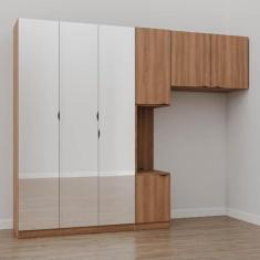 Imagem de Guarda Roupa Modulado de Solteiro com Espelho e Mesa de Cabeceira Esquerda 7 Portas 3 Peças Hera Cab Louro/preto