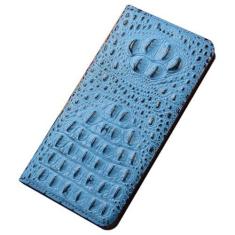 Imagem de HAO RIYLN Capa de couro genuíno para iPhone 15 Pro Max/15 Pro/15 Plus/15, padrão de crocodilo, compartimento para cartão, suporte, capa de telefone com borda macia, azul, 15 Pro