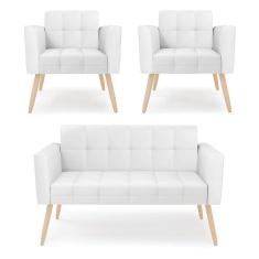 Imagem de Kit 1 Sofá Namoradeira E 2 Poltronas Elisa Corino Branco Pés Palito Natural - D`rossi