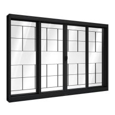 Imagem de Janela de Aço de Correr Central com Grade Quadrada 4 Folhas 100x200cm Aço Pronto Riobras Preto