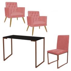 Imagem de Kit Escritório Stan 2 Poltronas Maria com Cadeira e Mesa Industrial Preto Bronze Suede Rose Gold - Ahz Móveis