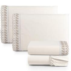 Imagem de Jogo Lençol Casal Suave Barrado Lese 4 Peças Barato - Palha - Casa Sho