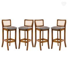 Imagem de Kit 4 Banquetas Alta com Encosto em Rattan Portugal Estofado Linho Cinza L55 RMI