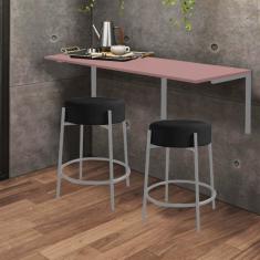 Imagem de Kit Mesa Suspensa de Parede Fixa MDF Rosa + 2 Banquetas Sintra Ferro Prata Sintético Preto - Ahazzo Móveis