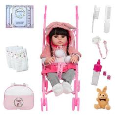 Imagem de Boneca Tipo Reborn Coelhinha Pode Dar Banho + Carrinho Rosa - Cegonha