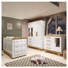 Imagem de Quarto de Bebê Berço Capitonê Guarda-roupa e Cômoda com Janelas 100% Mdf Retrô Kakau Espresso Móveis Branco Brilho/Amêndoa/Branco
