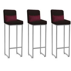 Imagem de Kit 03 Banqueta Alta com Encosto Lucca Industrial Cozinha Balcão Ferro Cinza Suede Marrom e Almofada Bordô - Ahazzo Móveis