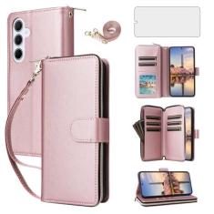 Imagem de Asuwish Capa de celular para Samsung Galaxy A35 5G com protetor de tela de vidro temperado e carteira com zíper, compartimento para cartão, suporte, alça de pulso, acessórios para celular A 35 35A