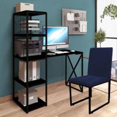 Imagem de Kit Escritório Mesa Max BeX 5 Prateleiras e Cadeira Stan Preto Tampo Preto Sintético Azul Marinho - Ahz Móveis