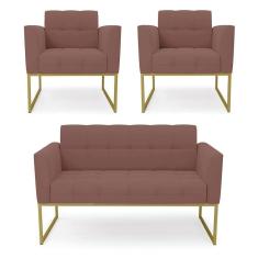 Imagem de Kit 1 Sofá Namoradeira E 2 Poltronas Elisa Veludo Rosê Base Metálica Industrial Dourado - D`rossi