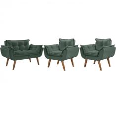 Imagem de Conjunto Poltronas Decorativas Opalla 1 Namoradeira e 2 Poltronas de 1 Lugar Pés em Madeira D Salla