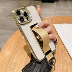 Imagem de Alça de pulso anel de dedo suporte invisível capa de telefone para iPhone 14 15 ProMax 12 13 Pro Max 11 Plus capa luxuosa revestida de diamante, dourada, para iPhone 14Plus